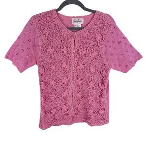 Jaclyn Smith Vtg Pink Crochet Eyelet Cotton Short Sleeve Pearl Button Cardi Sz M